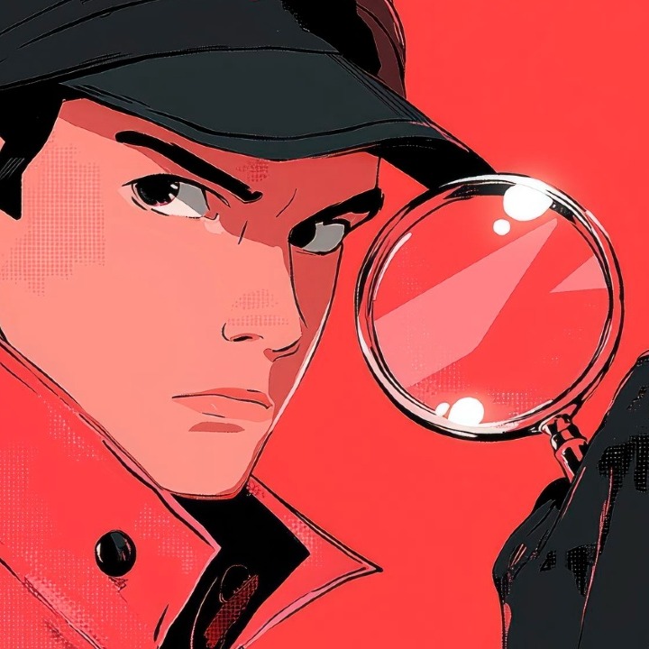Una ilustración en tono rojo y negro de un vigilante con gorra y lupa en la mano