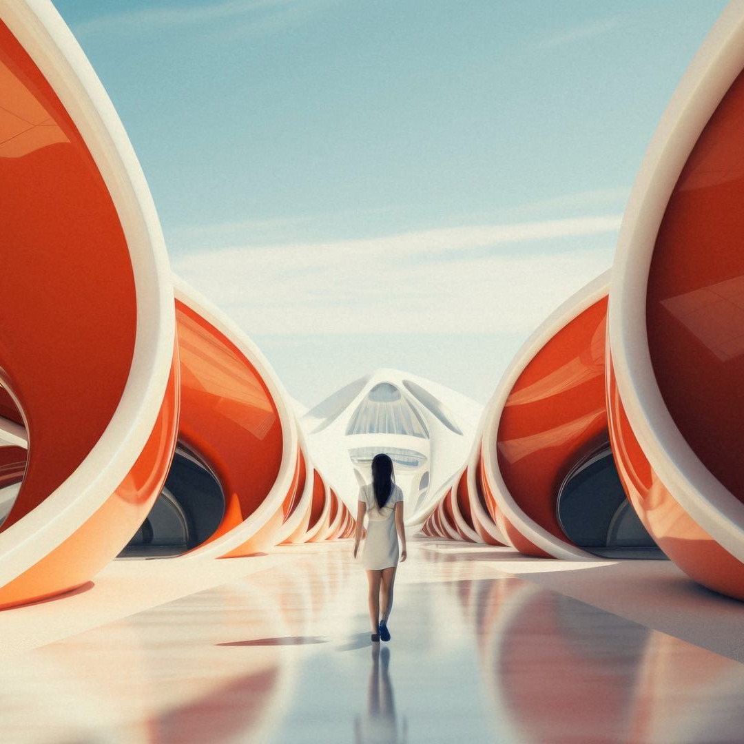 Chica paseando en un escenario futurista
