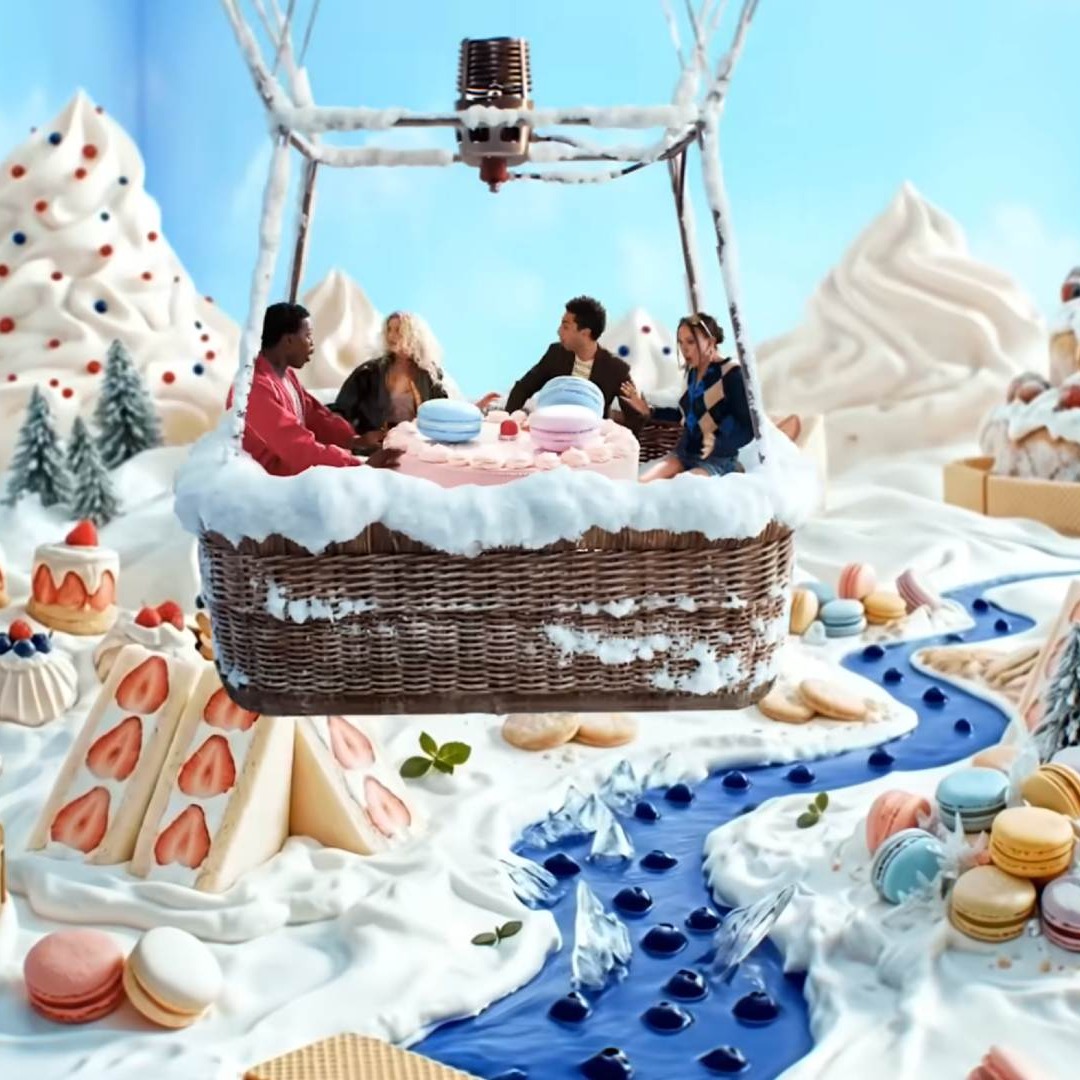 Amigos en un globo en un mundo imaginario de dulces