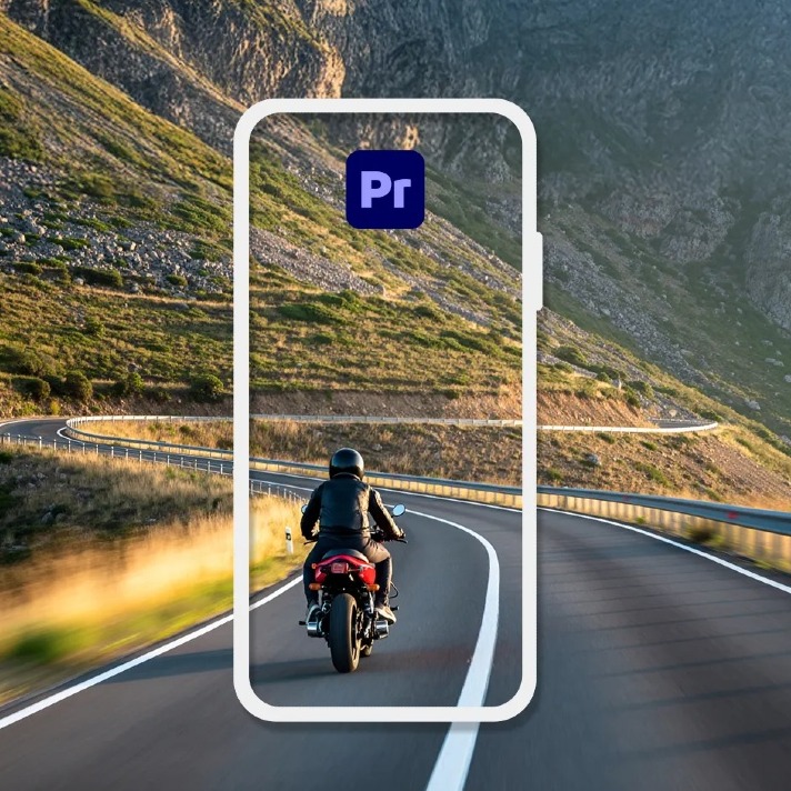 Un motorista en la montaña enmarcado por la silueta de un móvil y con el logo de Premiere