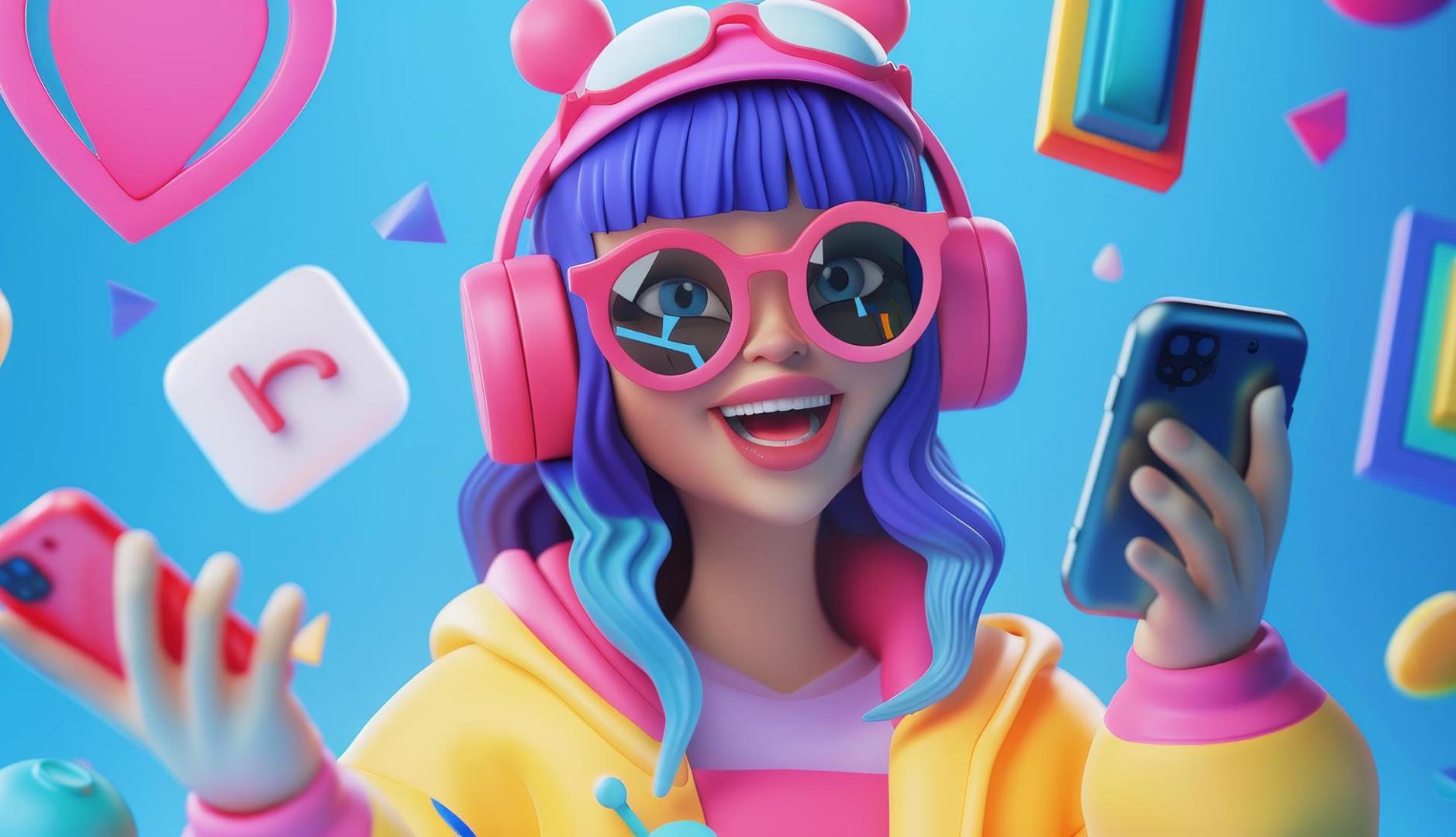 Una chica diseñada en 3D con dos teléfonos en las manos, auriculares y gafas de sol