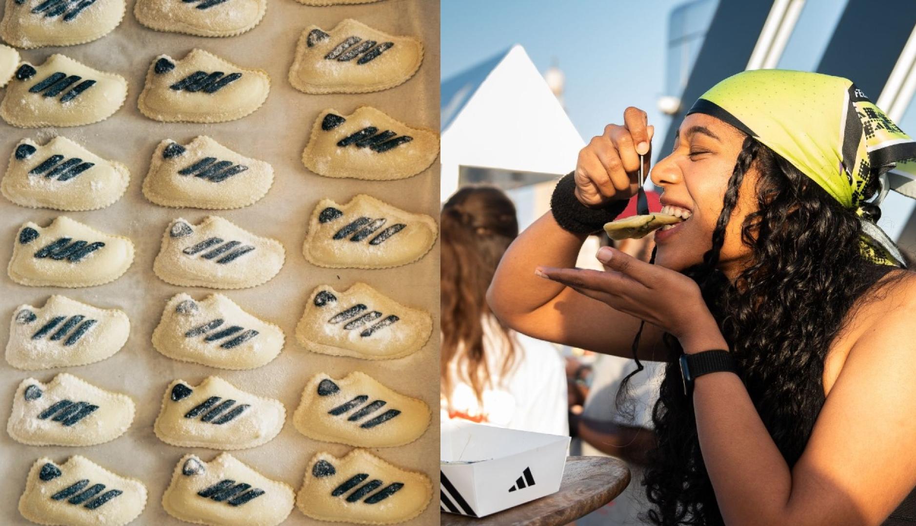 Una chica se come los raviolis de Adidas con forma de zapatilla y las tres franjas negras