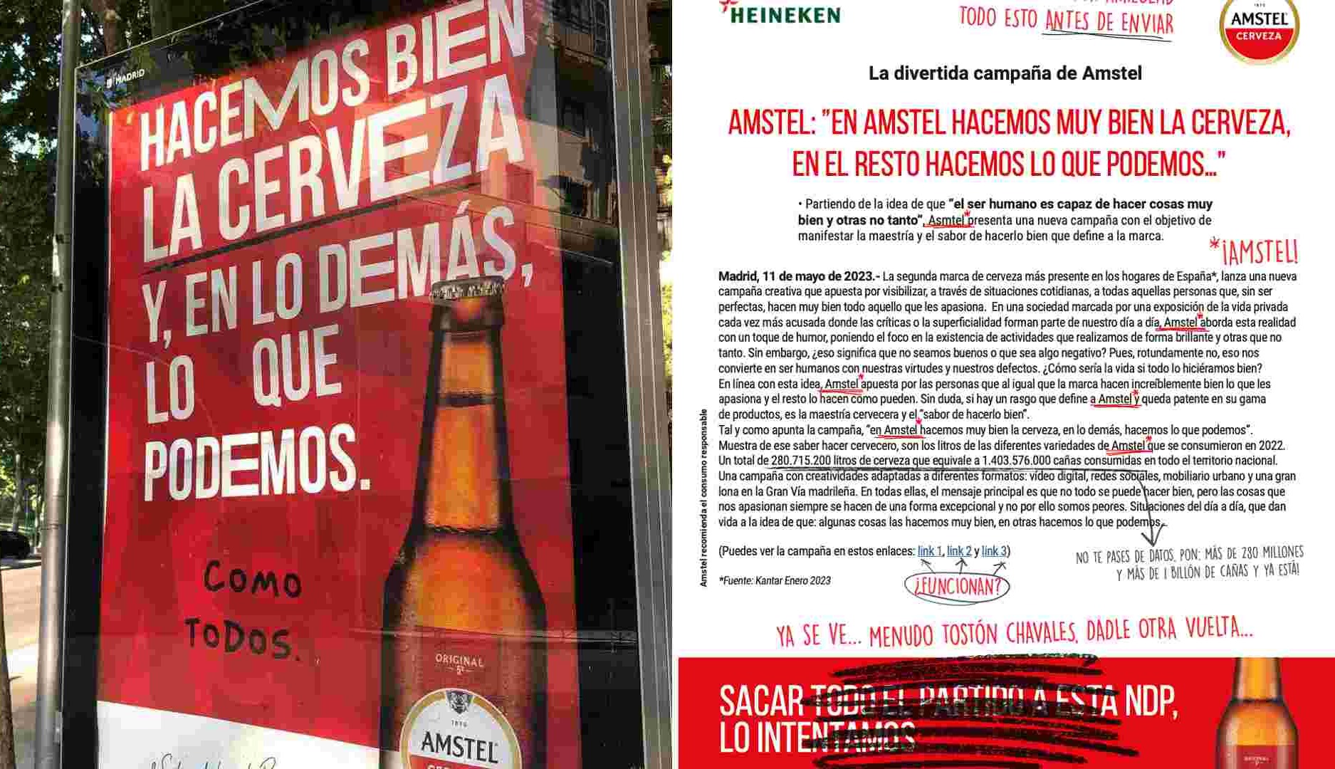 Una nota de prensa emborronada que quiere reflejar que a Amstel lo que se le da bien es la cerveza