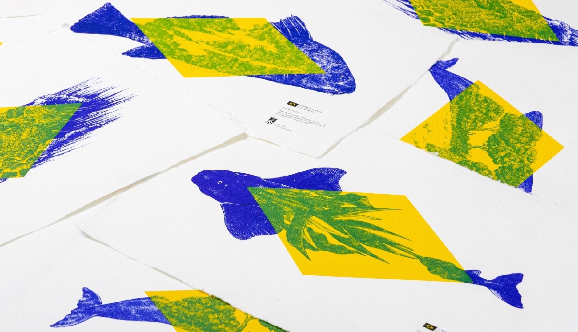 Animales marinos sobre la bandera de brasil verde y amarilla