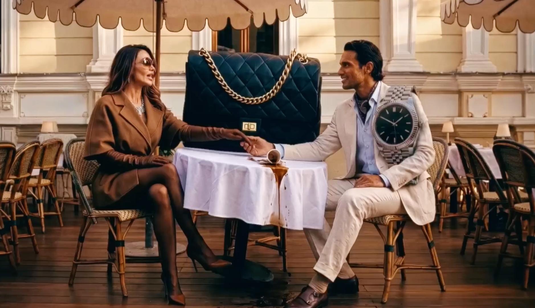 Una mujer y un hombre en una terraza junto a un bolso y un reloj gigantes que tiran el café de la mesa