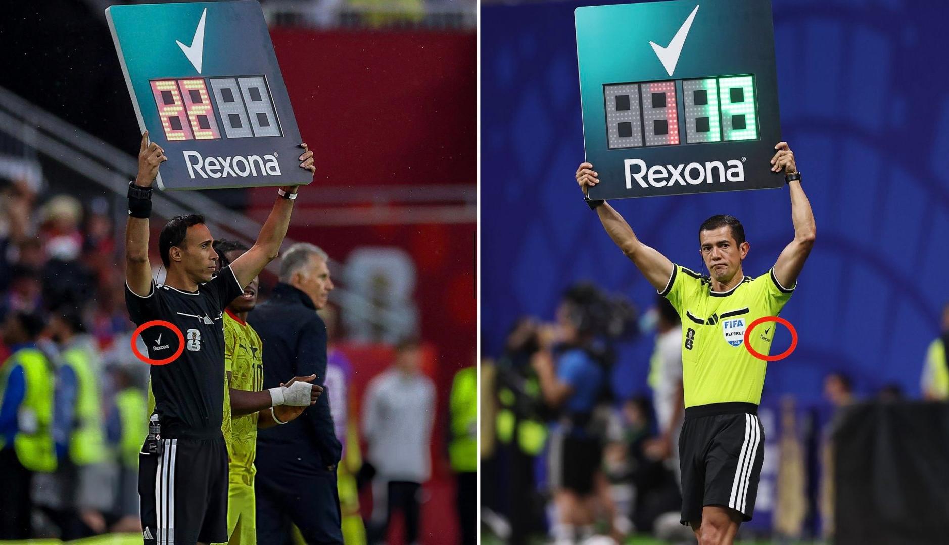 Dos árbitros sosteniendo el marcador y dejando ver el logo de Rexona en la axila de la camiseta