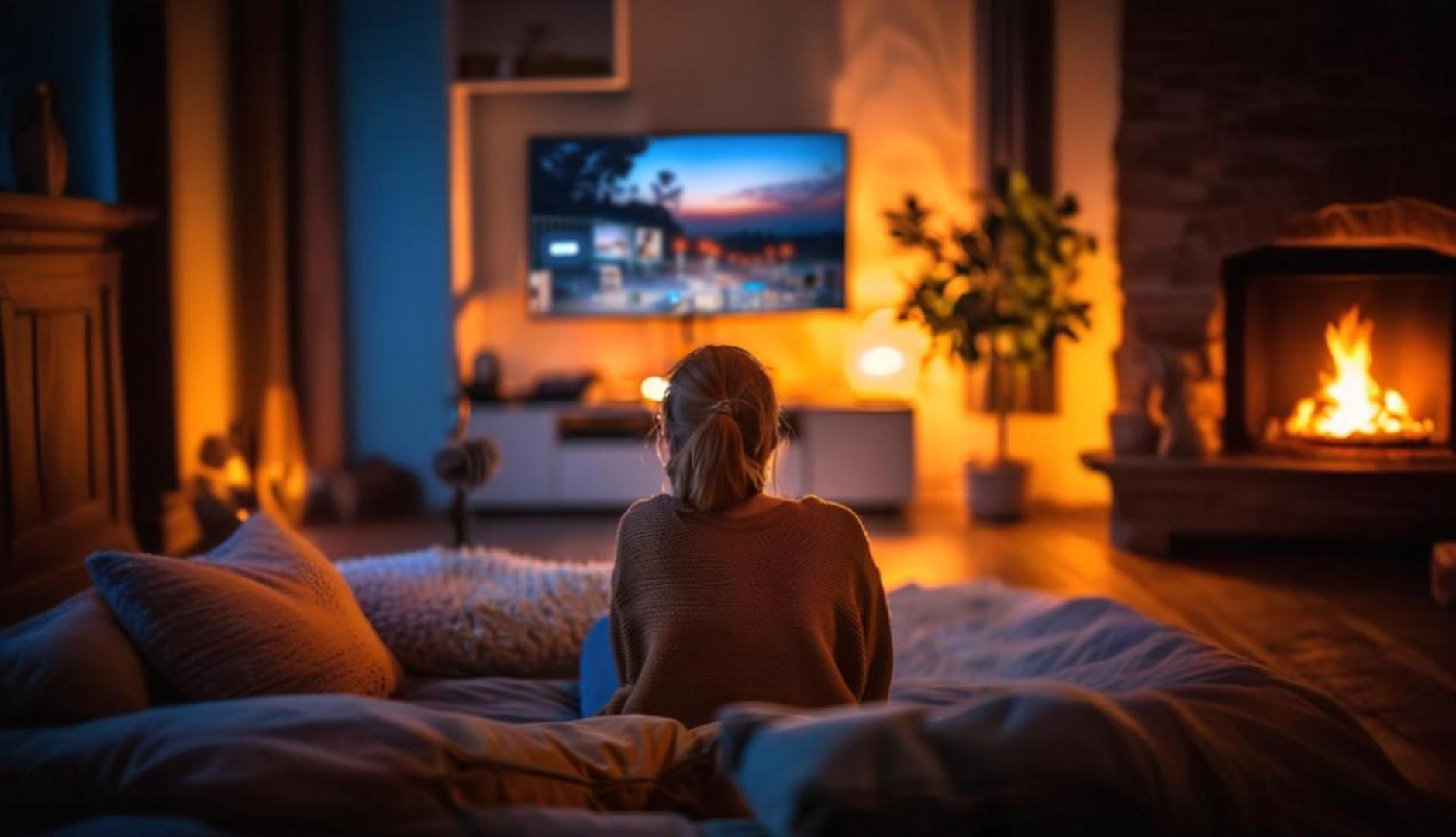 Chica ve la televisión junto a una chimenea