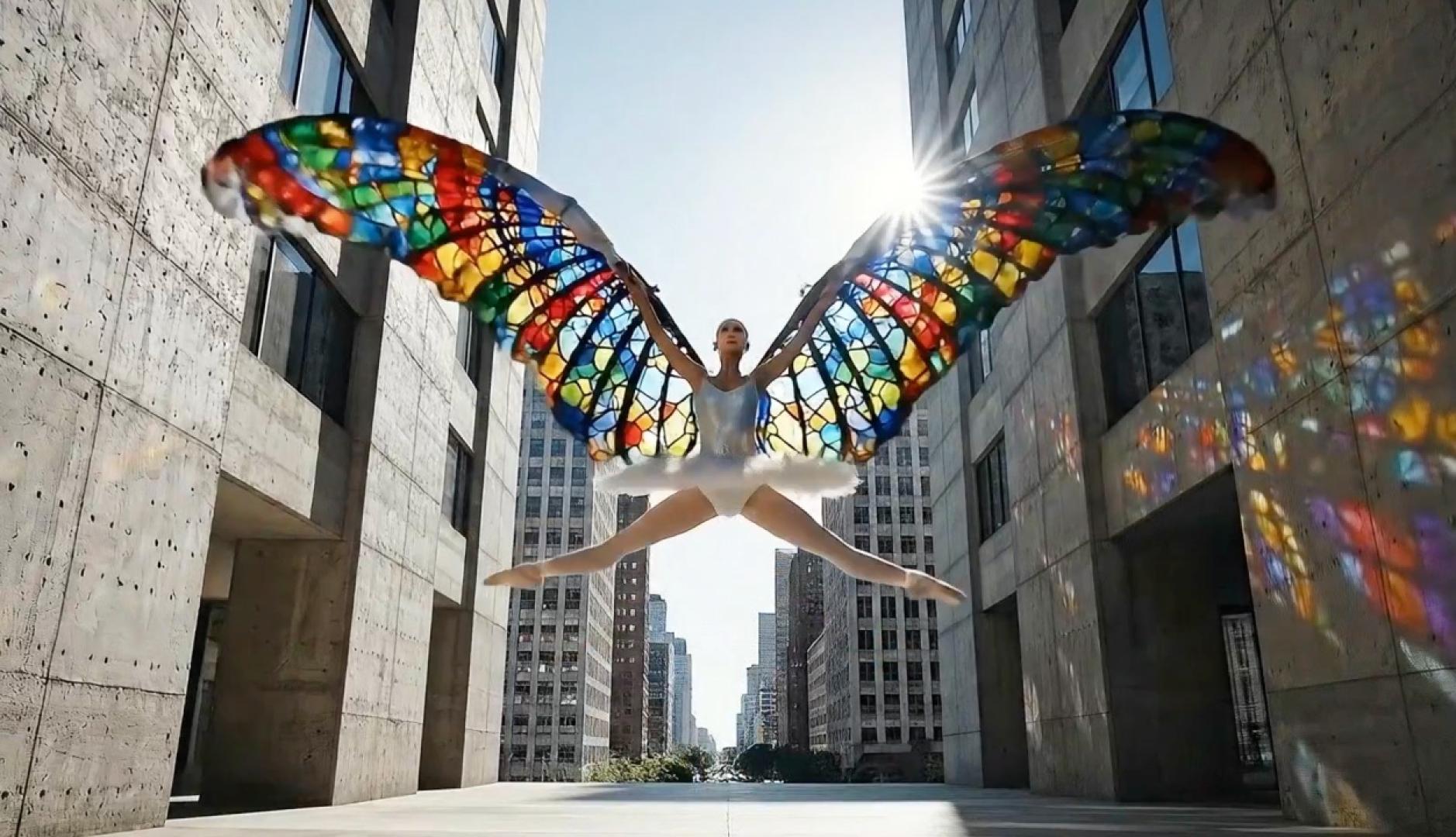 Una bailarina que salta y despliega unas alas de mariposa como si fueran una vidriera con colores