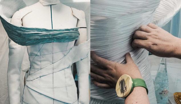 Balmain y Evian se unen para crear un vestido de alta costura con botellas de plástico recicladas