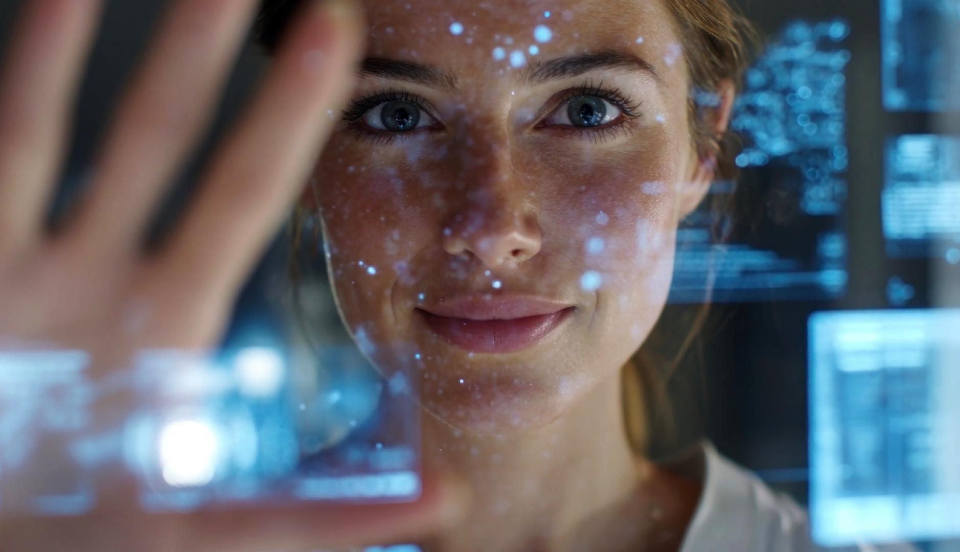 Una chica tocando una pantalla de estilo futurístico