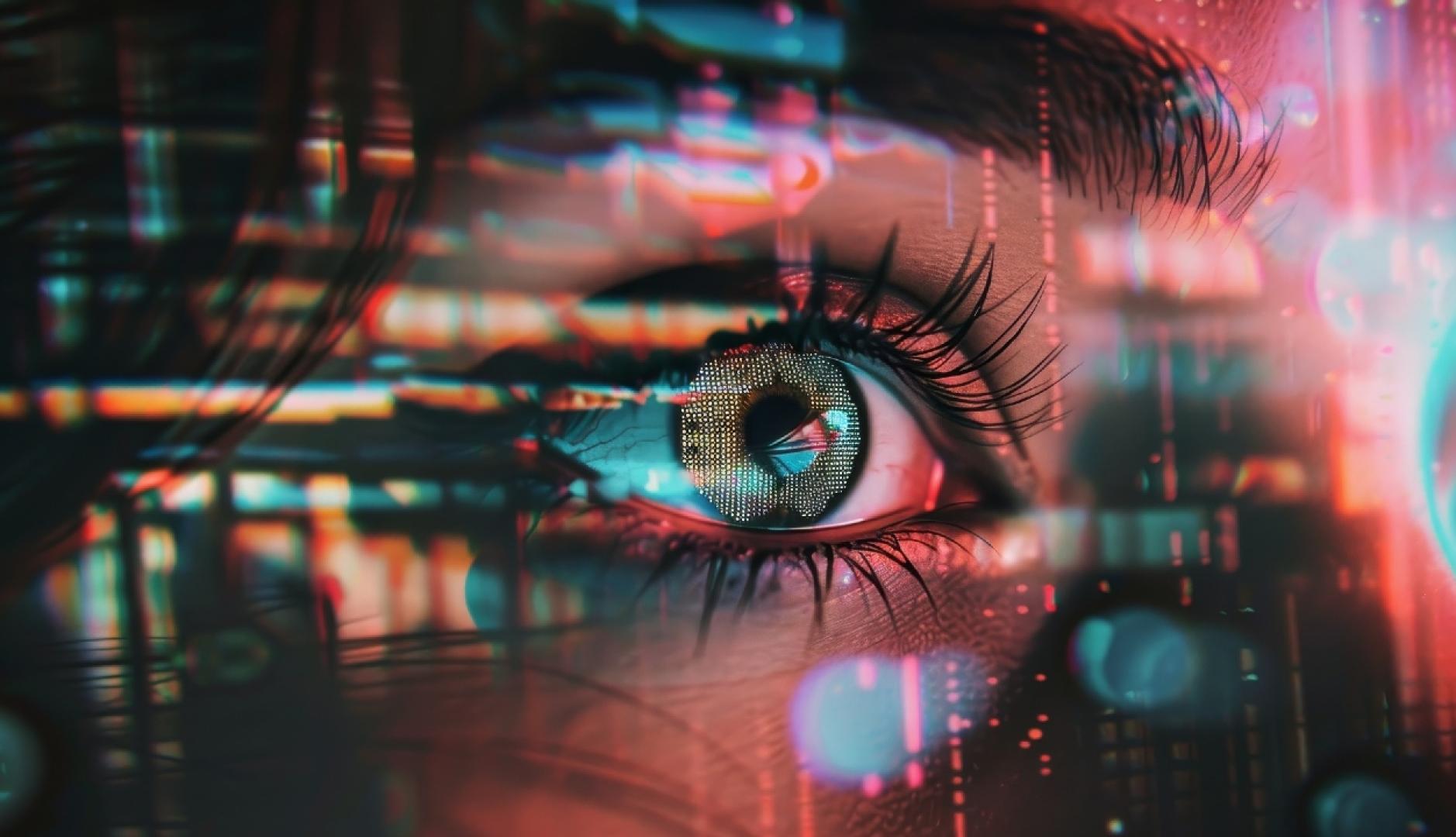 Un ojo de mujer rodeado de destellos de tecnología