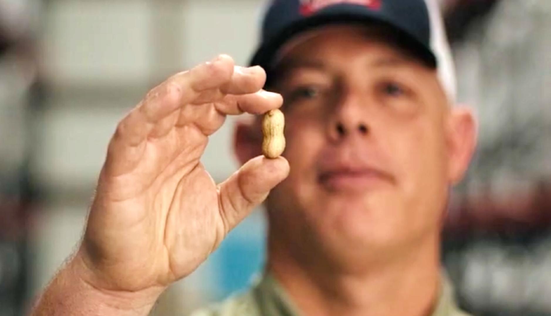 Un hombre con gorra sostiene un cacahuete con cáscara en la mano