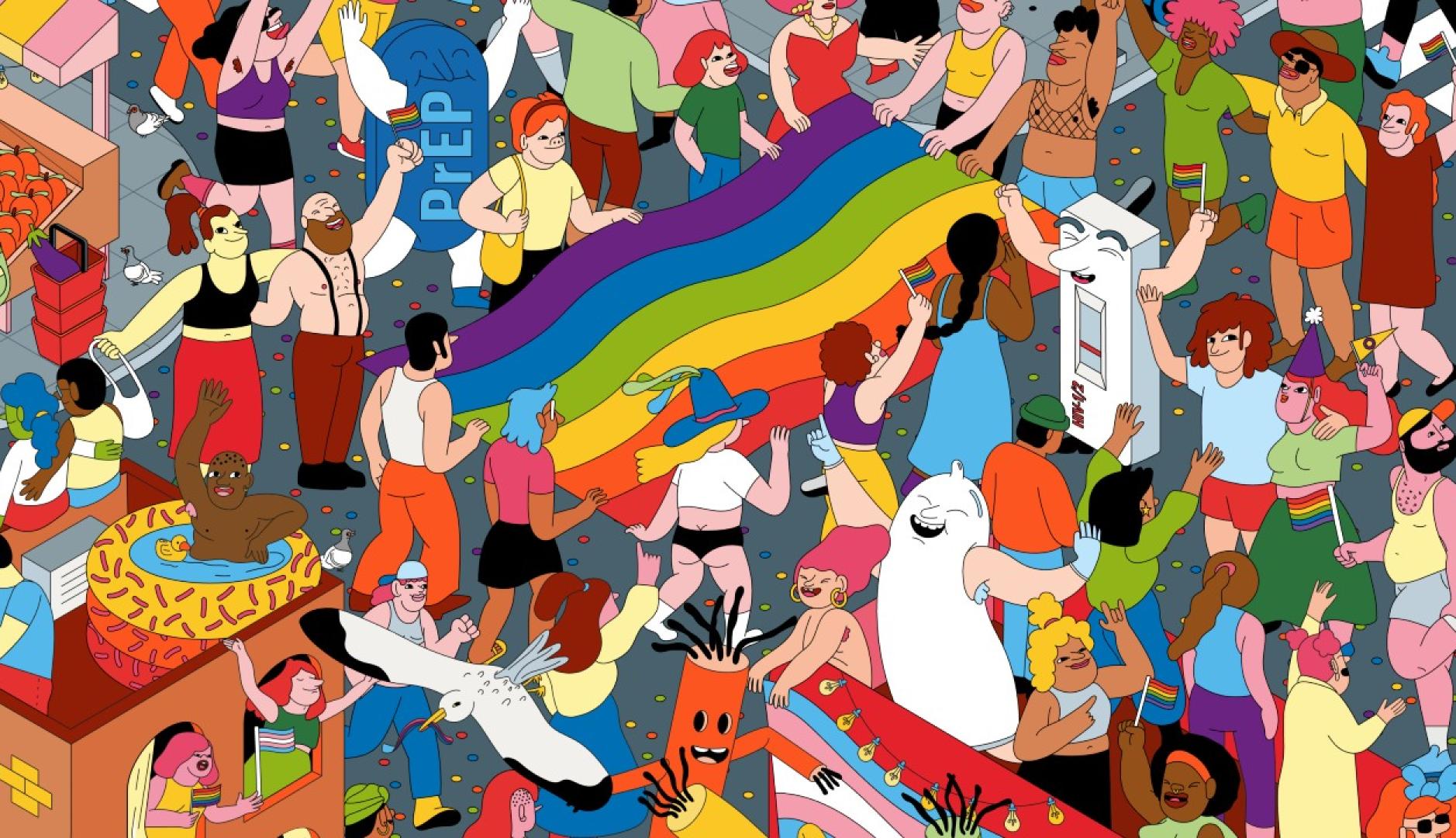 Imagen de la campaña al estilo dónde está wally con muchos personajes, escenas y colores