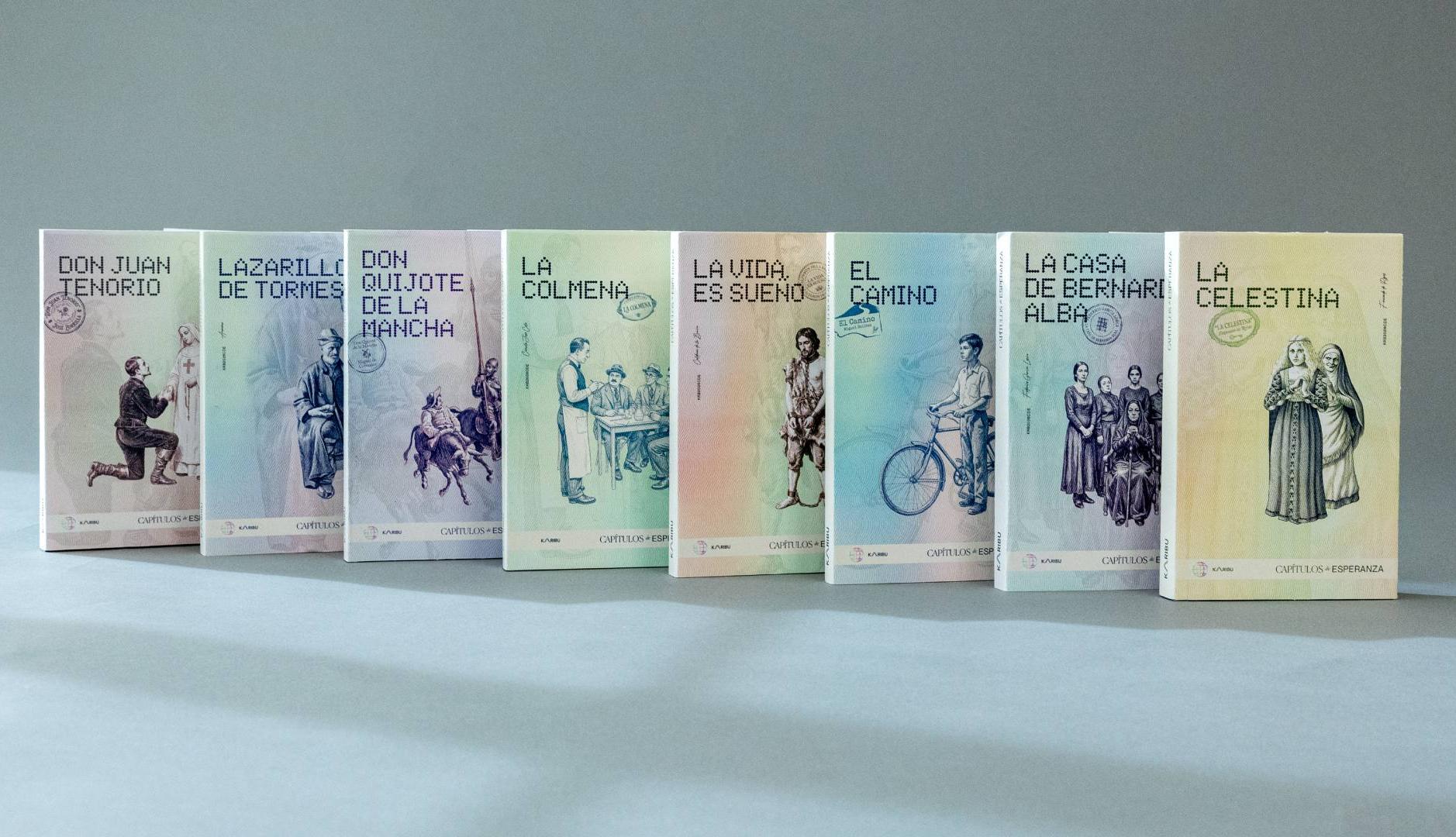 Colección de libros con estética de pasaporte