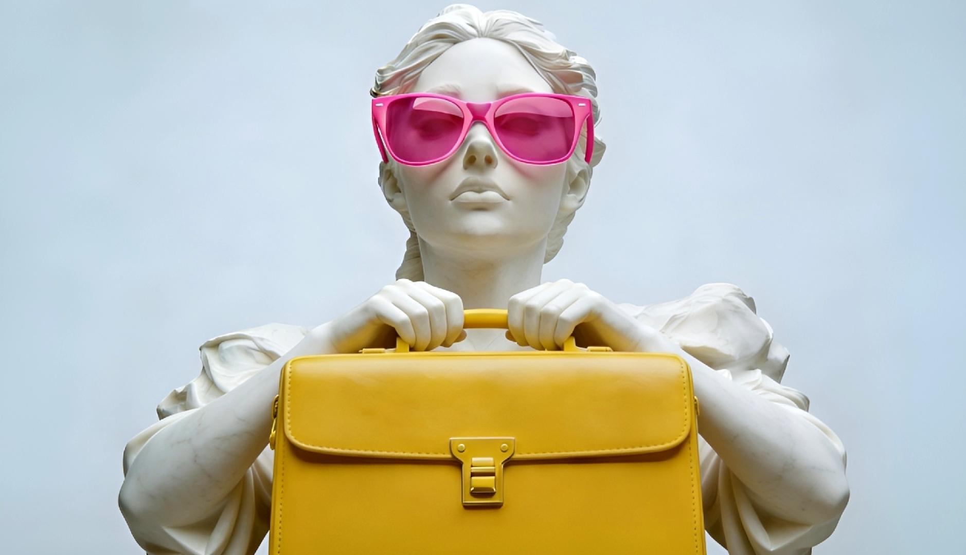 Una estatua de mujer con gafas de sol rosas sostiene una cartera amarilla