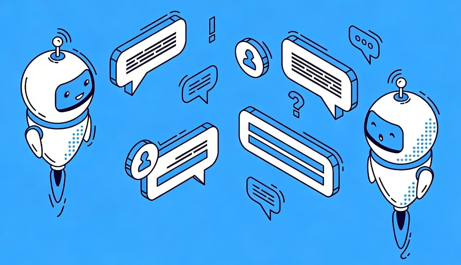 La ilustración en azul y blanco de dos robots teniendo una conversación con bocadillos de palabras y preguntas