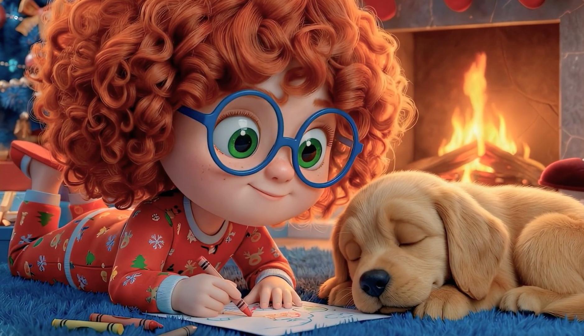 La protagonista del anuncio junto a la chimenea dibujando con su perro tumbado al lado