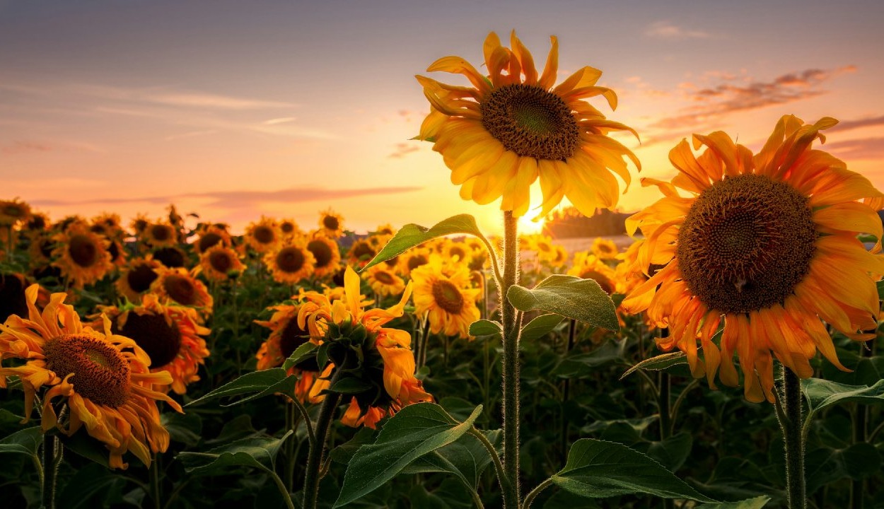 Girasoles en una puesta de sol