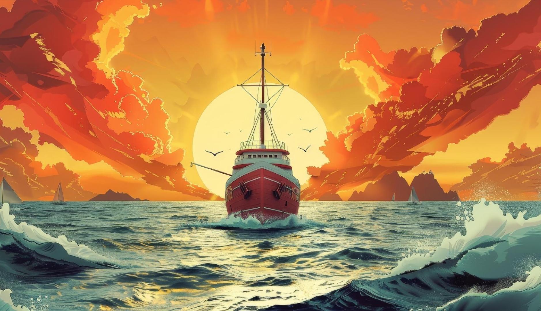 Un barco navegando a la deriva en el mar frente a un cielo naranja al atardecer