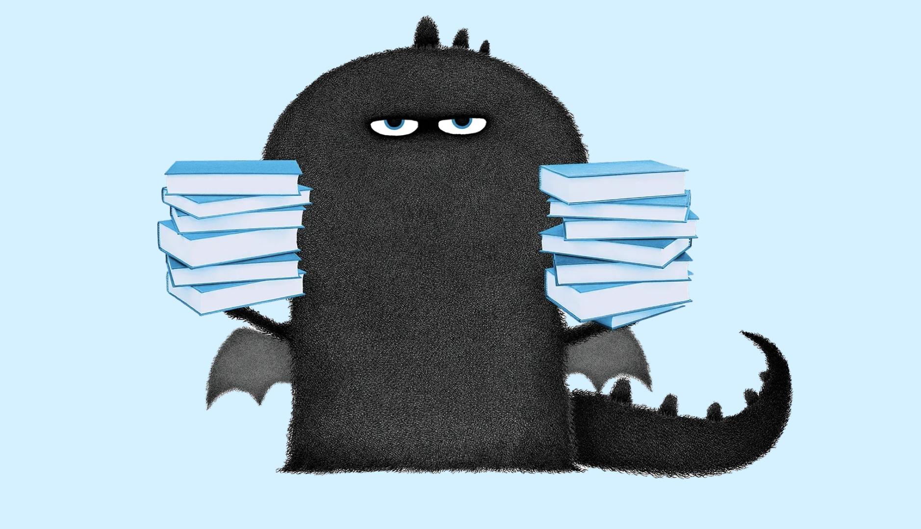 Un dibujo de un dragón negro que sujeta pilas de libros en cada mano