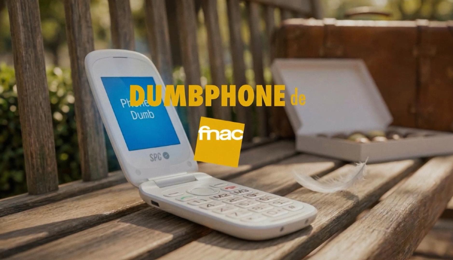 El dumbphone de Fnac abierto sobre un banco de madera en la calle