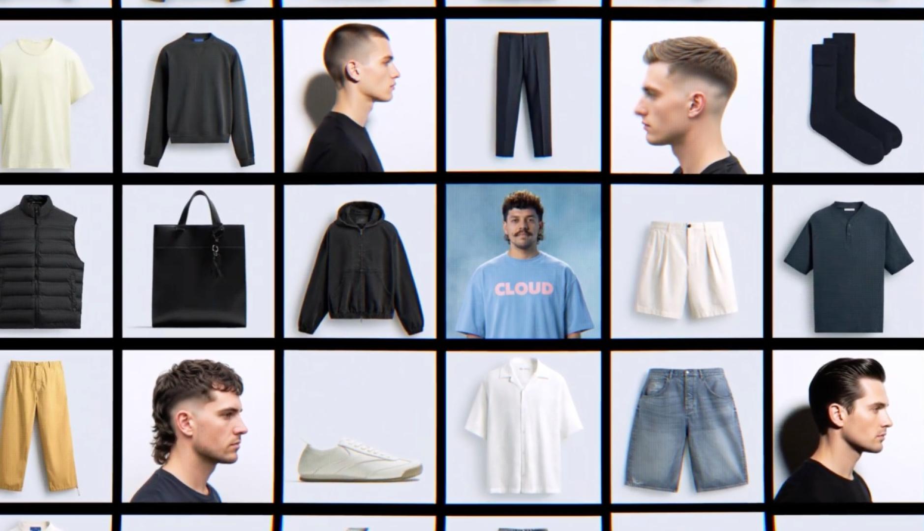 Una interfaz del e-commerce con prendas de ropa intercaladas con peinados de hombre