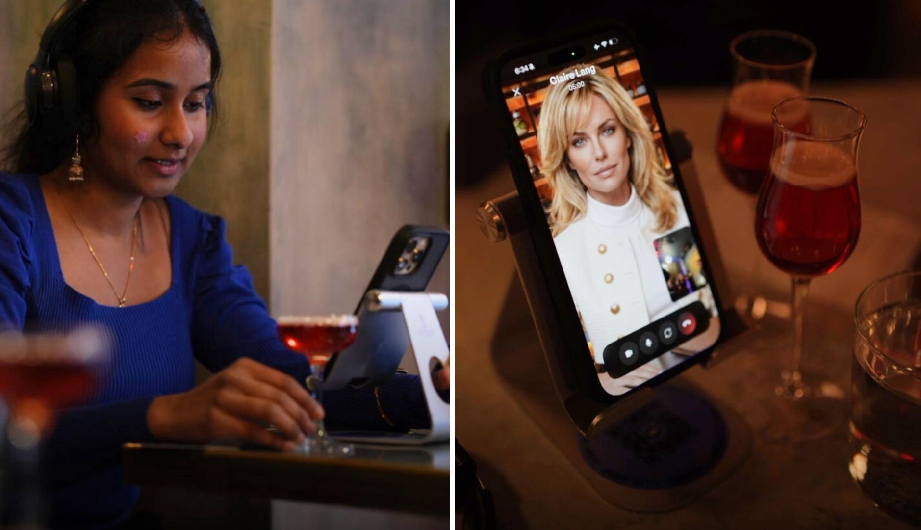 Mujer mira su teléfono en un bar