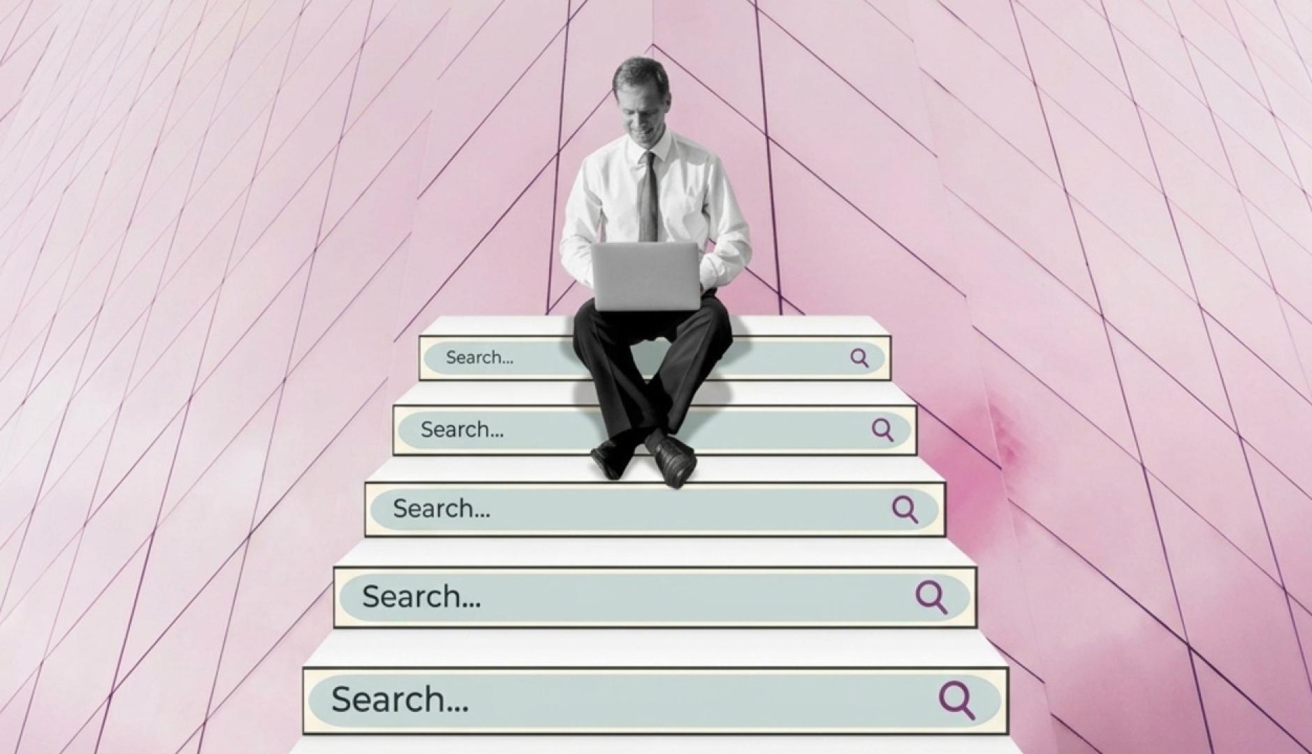 Un collage de un hombre subido a una escalera en la que cada peldaño reza "search"
