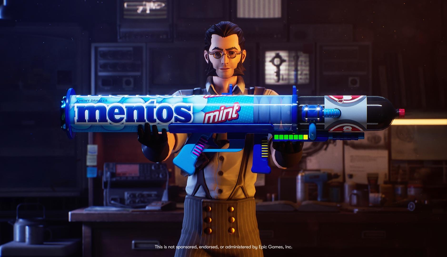 Personaje de Fortnite sujetando un arma con forma de botella de refresco