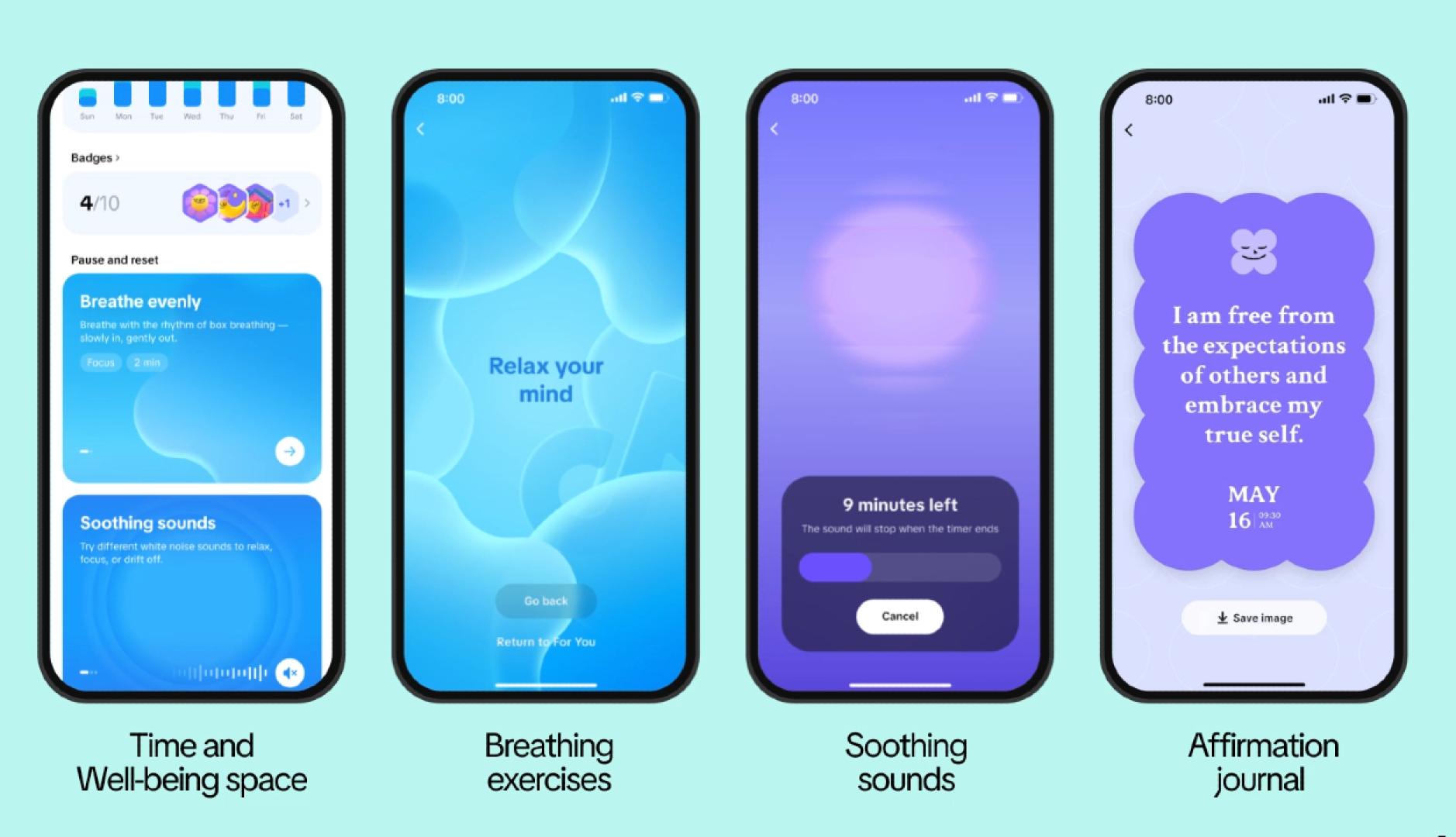 Interfaz de tiktok en varios smartphones mostrando las funciones de relax, respiración y afirmaciones positivas