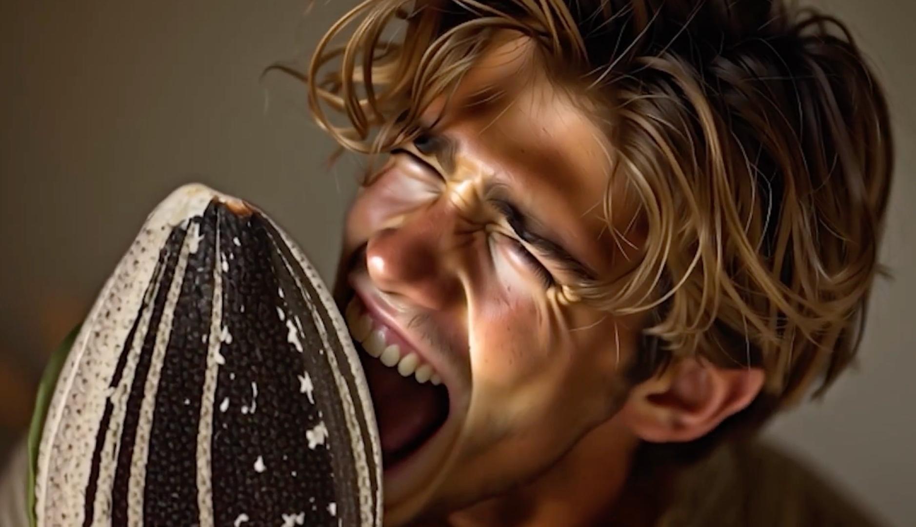 Personaje de inteligencia artificial comiendo una pipa gigante