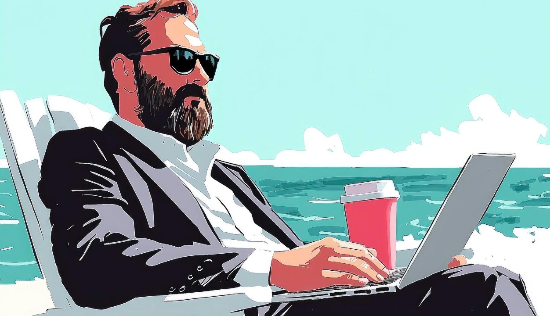 Ilustración de un hombre en traje trabajando con el portátil en la playa