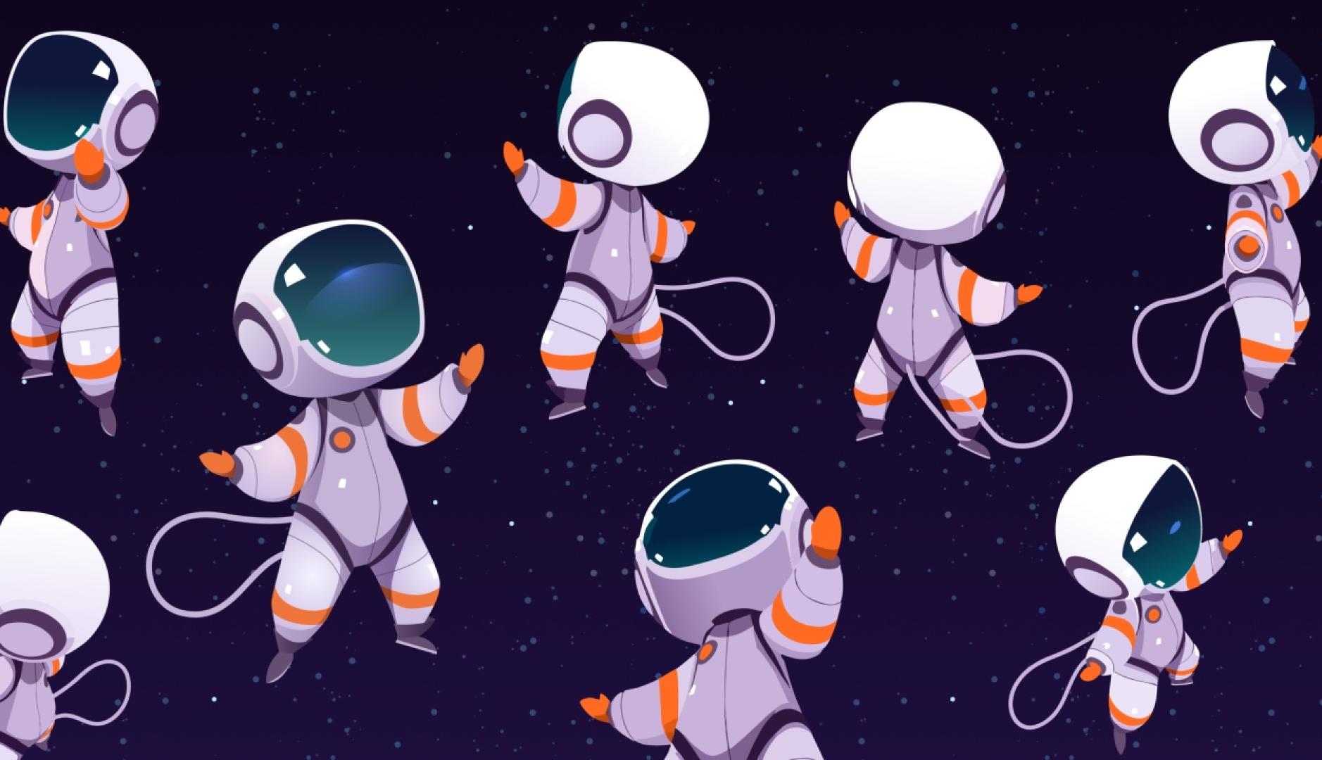 Astronautas en ilustración 3D flotando en el espacio desde diferentes ángulos