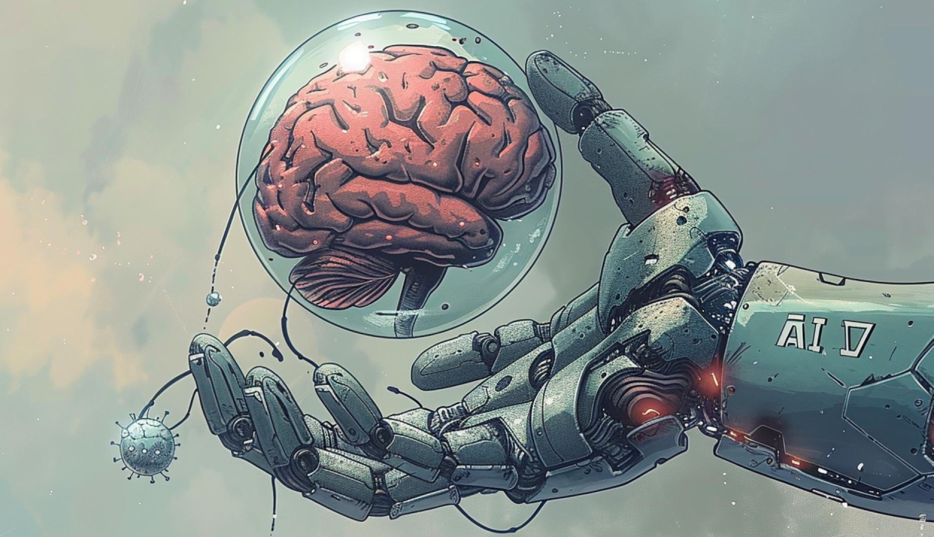 Una mano robótica que coge un cerebro humano metido dentro de una bola transparente