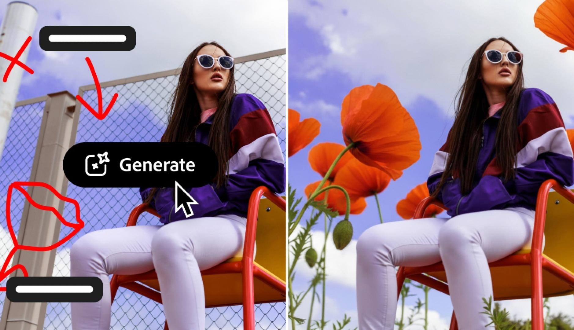 La interfaz de Photoshop con unas amapolas dibujadas a mano a un lado que se convierten en flores con todos los detalles al otro
