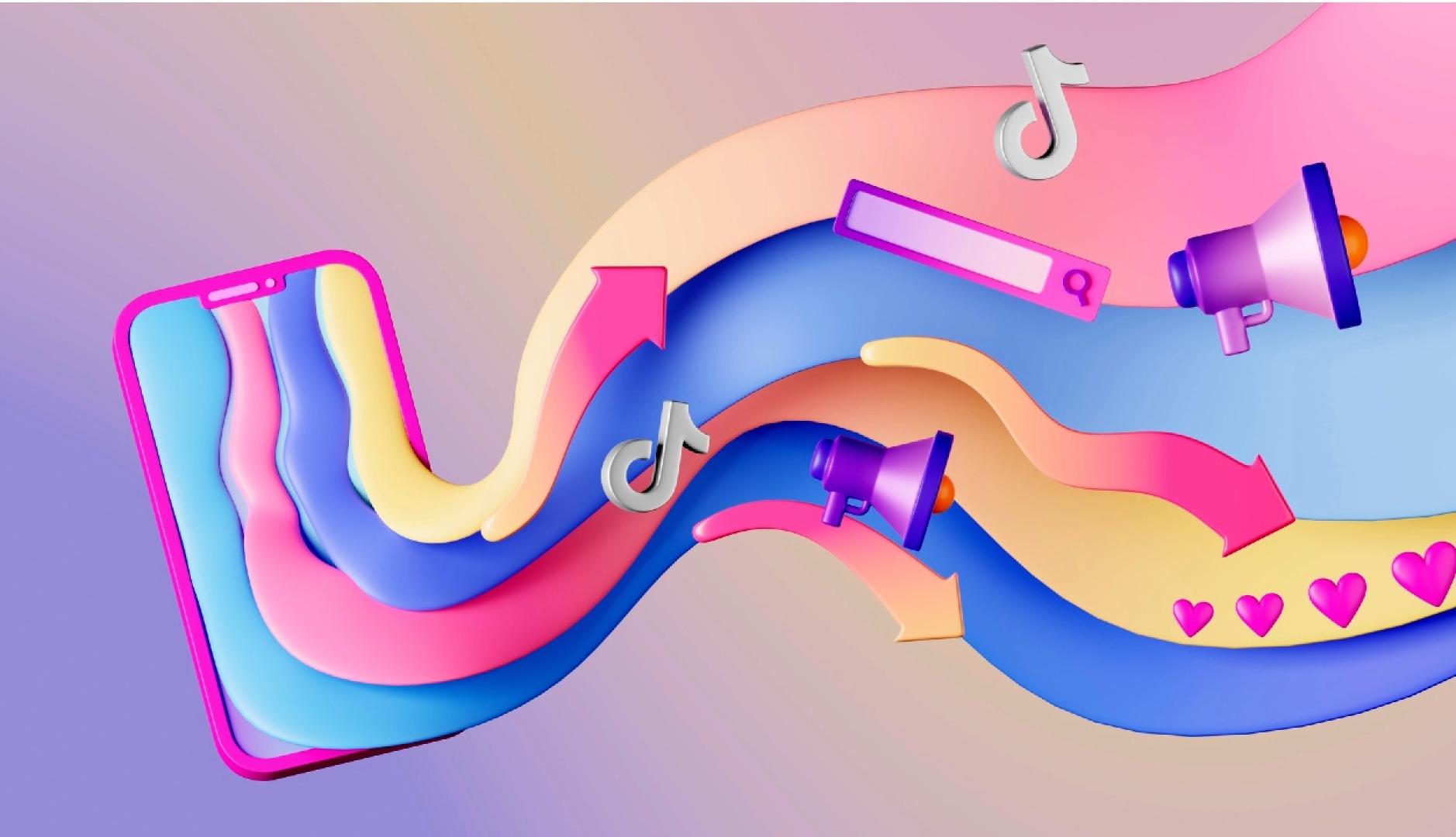 Ilustración de un teléfono con colores en la pantalla de los que salen iconos como el de TikTok