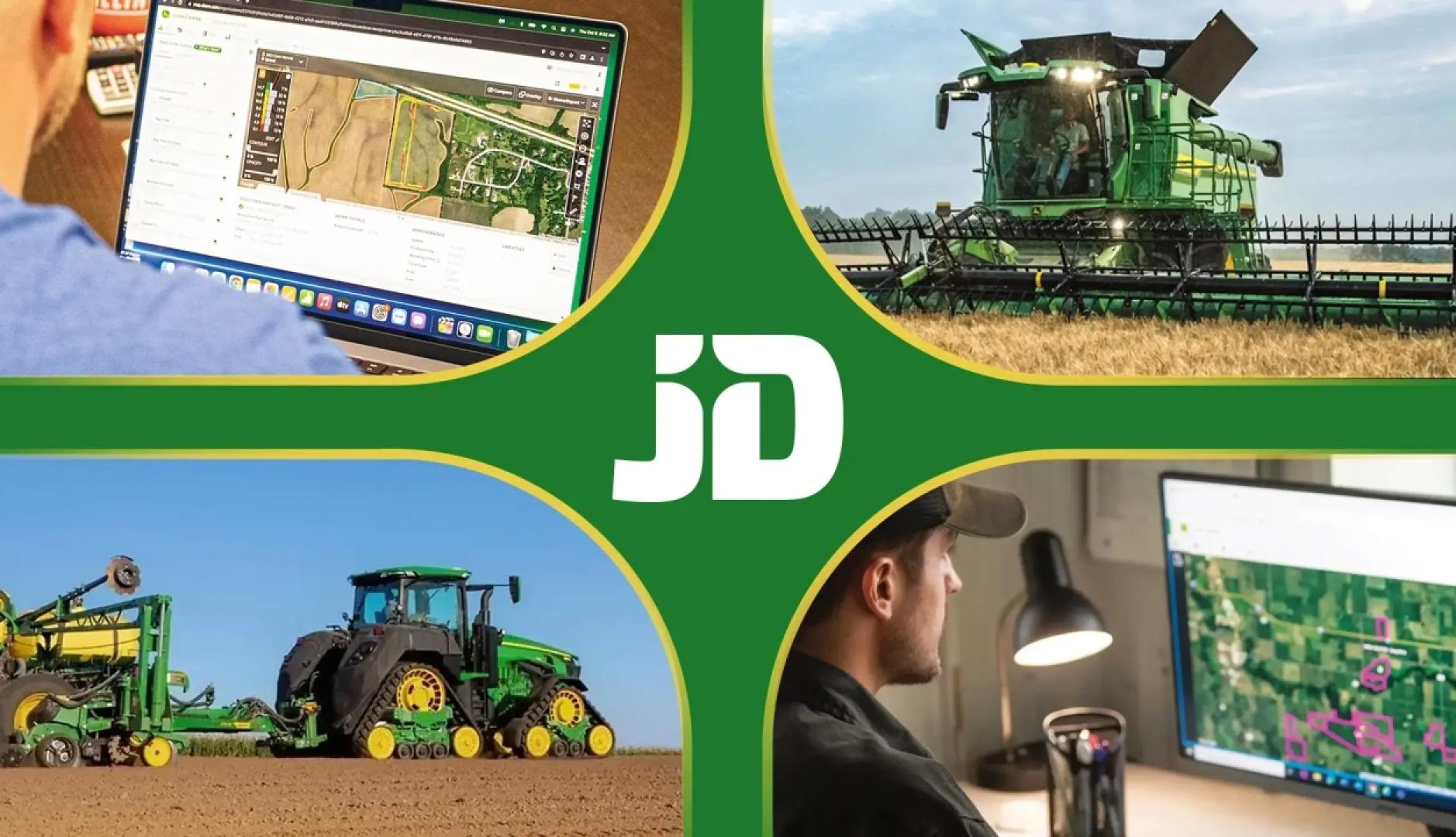 Varias escenas de tractores de John Deere y personas mirando ordenadores con mandos de control