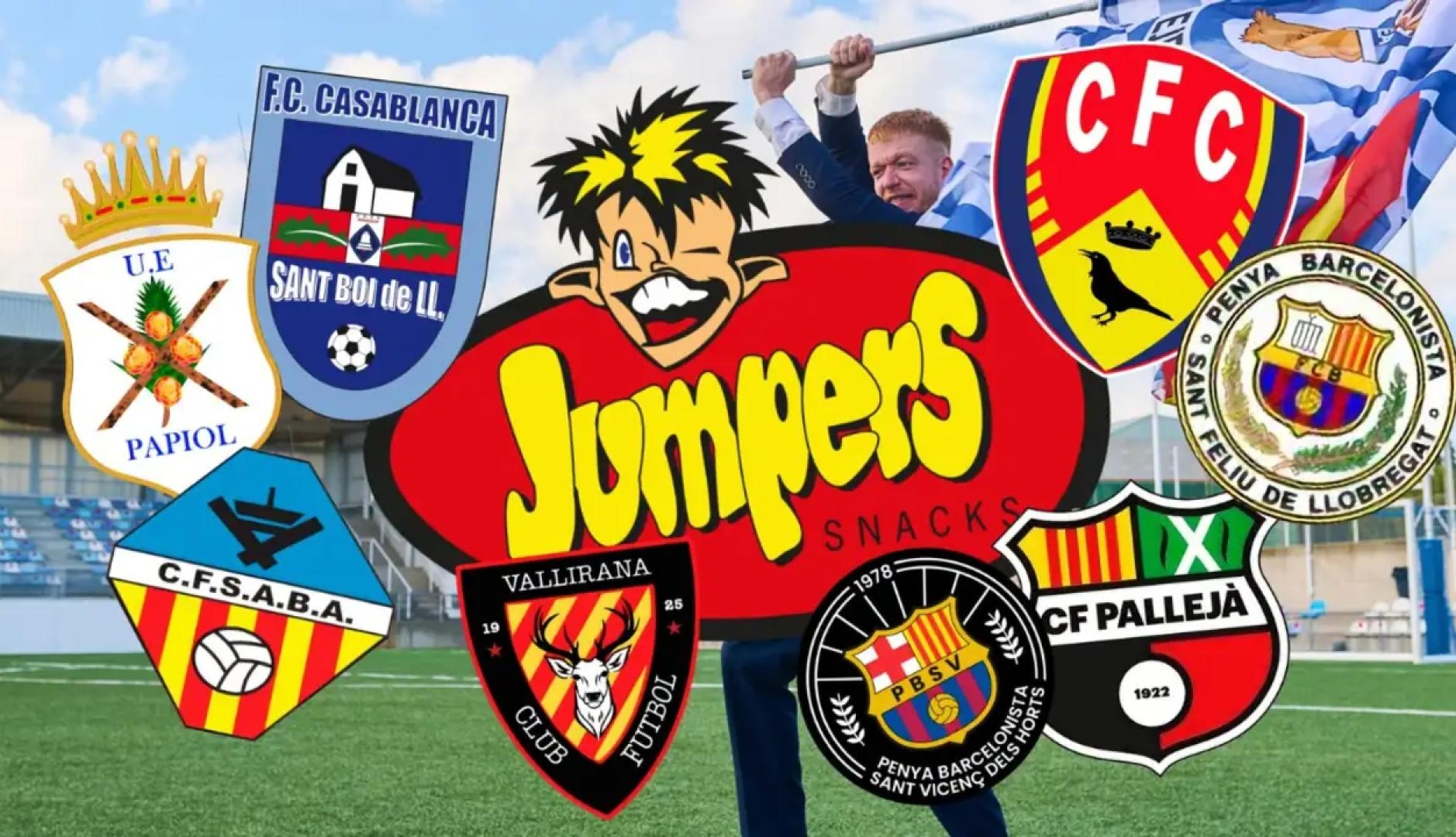 Escudos de los clubes de la Cuarta Catalana junto al logotipo de Jumpers