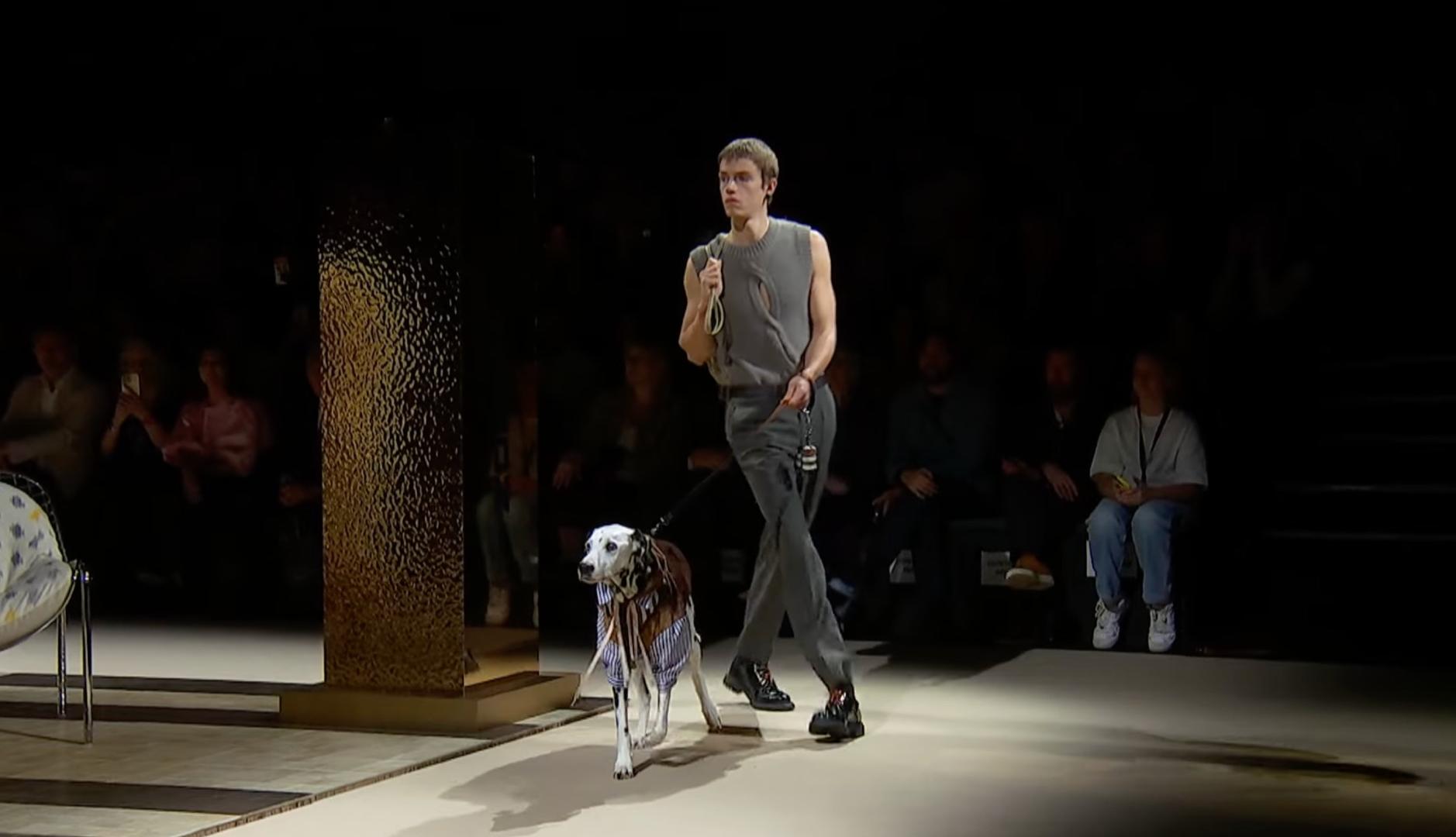 Modelo desfilando en la pasarela con un perro