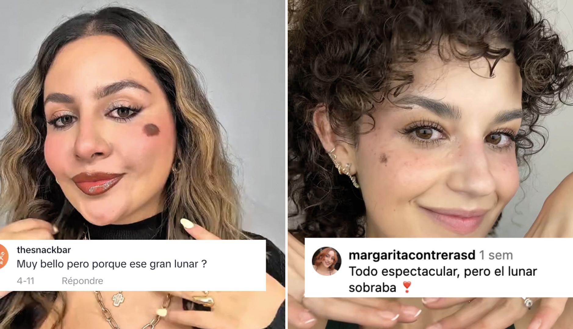 Las influencers mexicanas Nath Castillo y Pau Florencia en respectivos vídeos de Instagram, enseñando sus rutinas de skincare con mensajes de usuarios flotantes preguntando por los lunares que presentan en la cara.