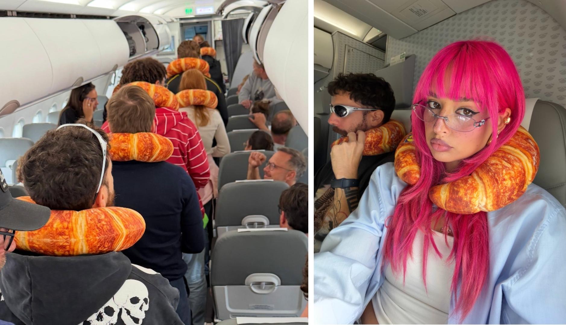 Personas en el avión con la almohada de croissant en el cuello
