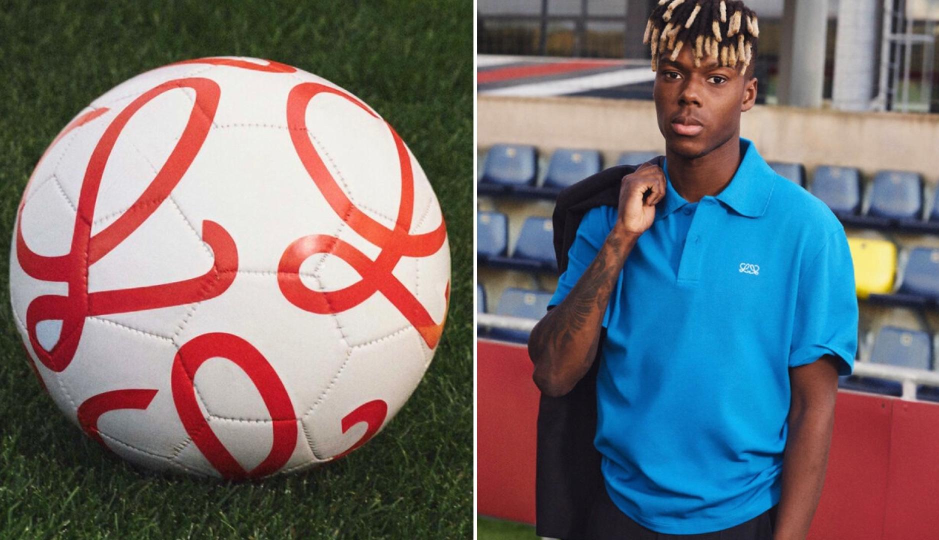 Un balón tematizado por Loewe junto a una imagen de Nico Williams vestido con un traje de la marca