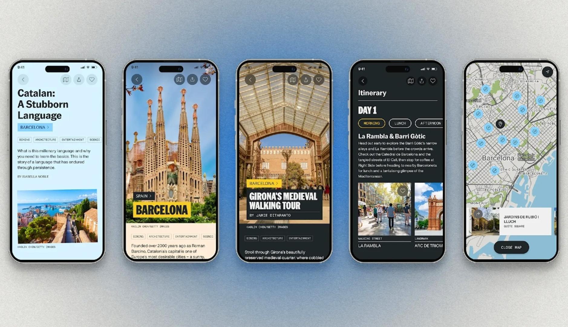 Varios teléfonos que muestran la interfaz de la aplicación