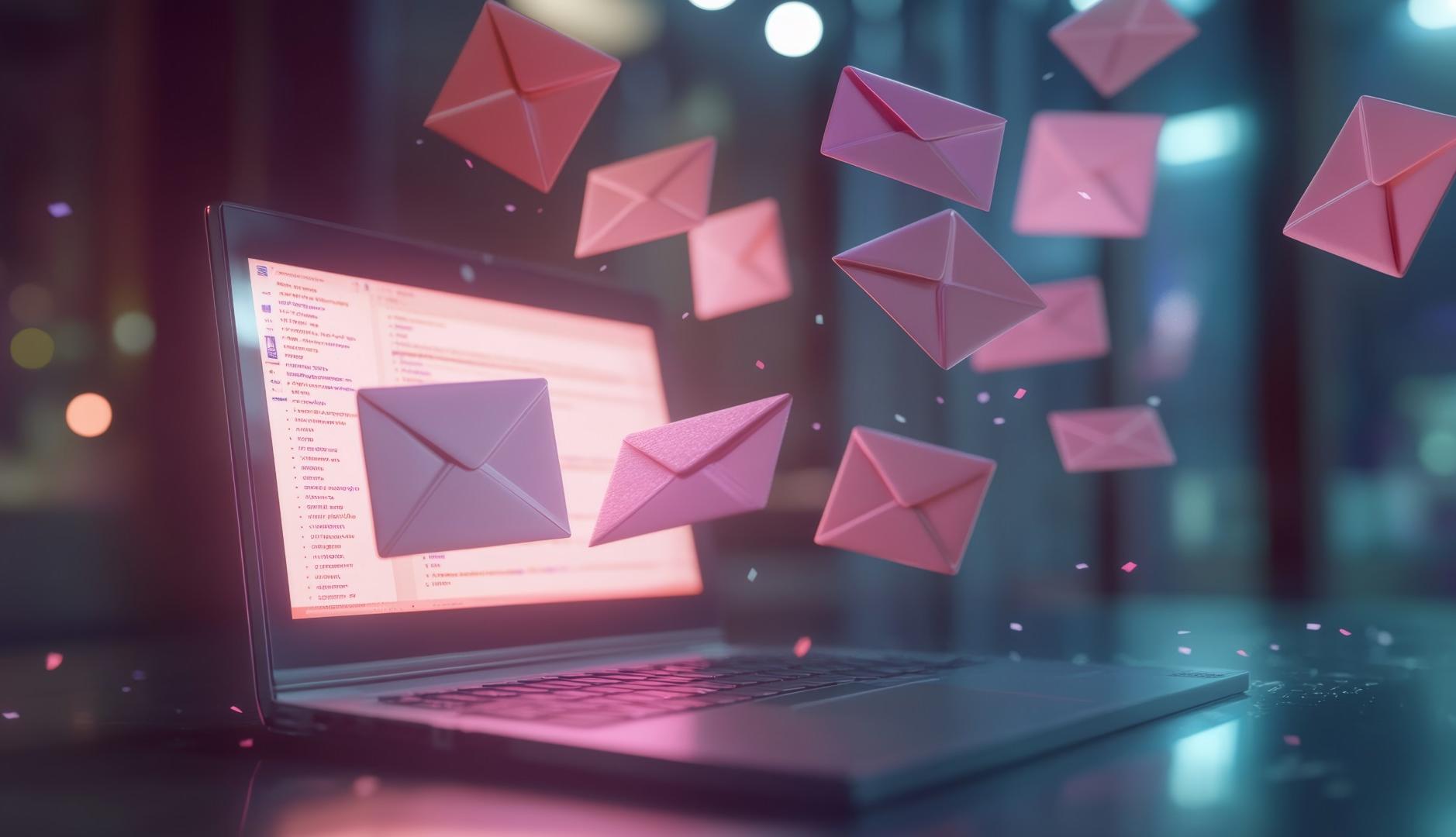 Sobre rosas volando alrededor de un ordenador portátil