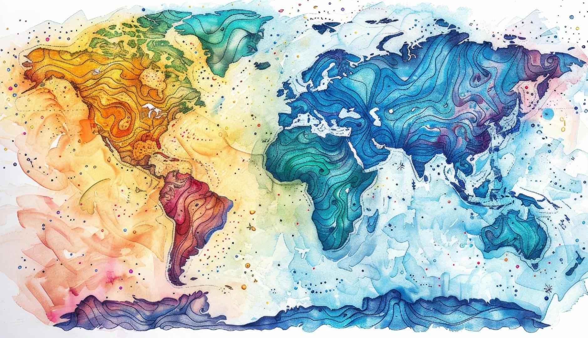 Un mapa mundi estilo acuarela con colores para las diferentes regiones del mundo