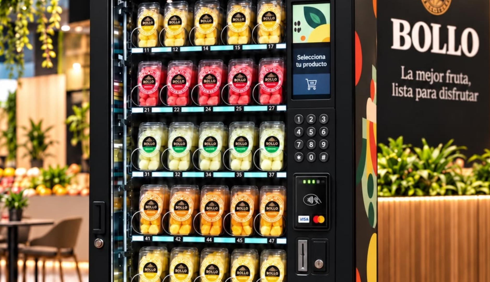 Una máquina de vending con botes de fruta cortada