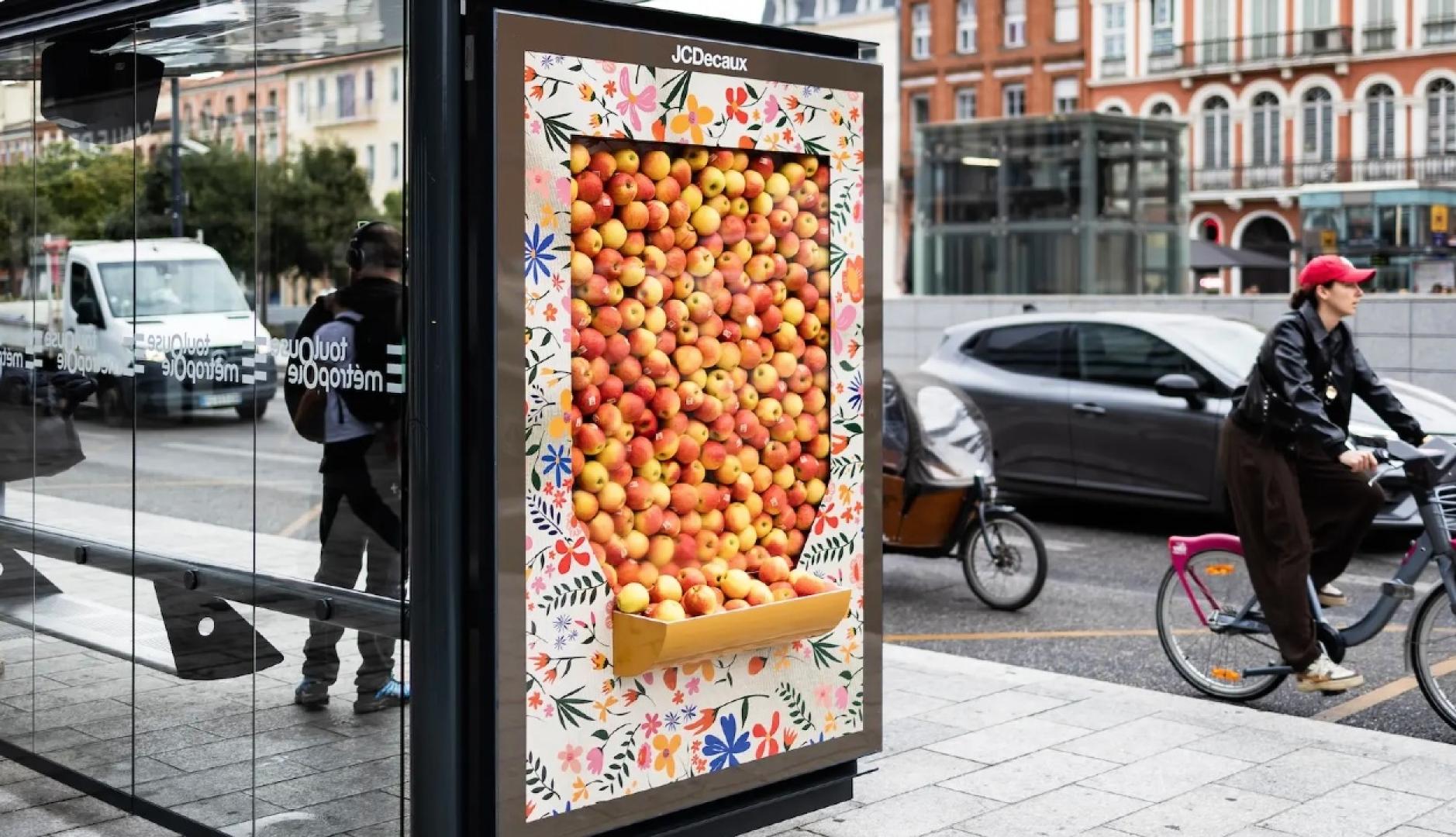 La marquesina de JCDecaux con las manzanas saliendo por abajo