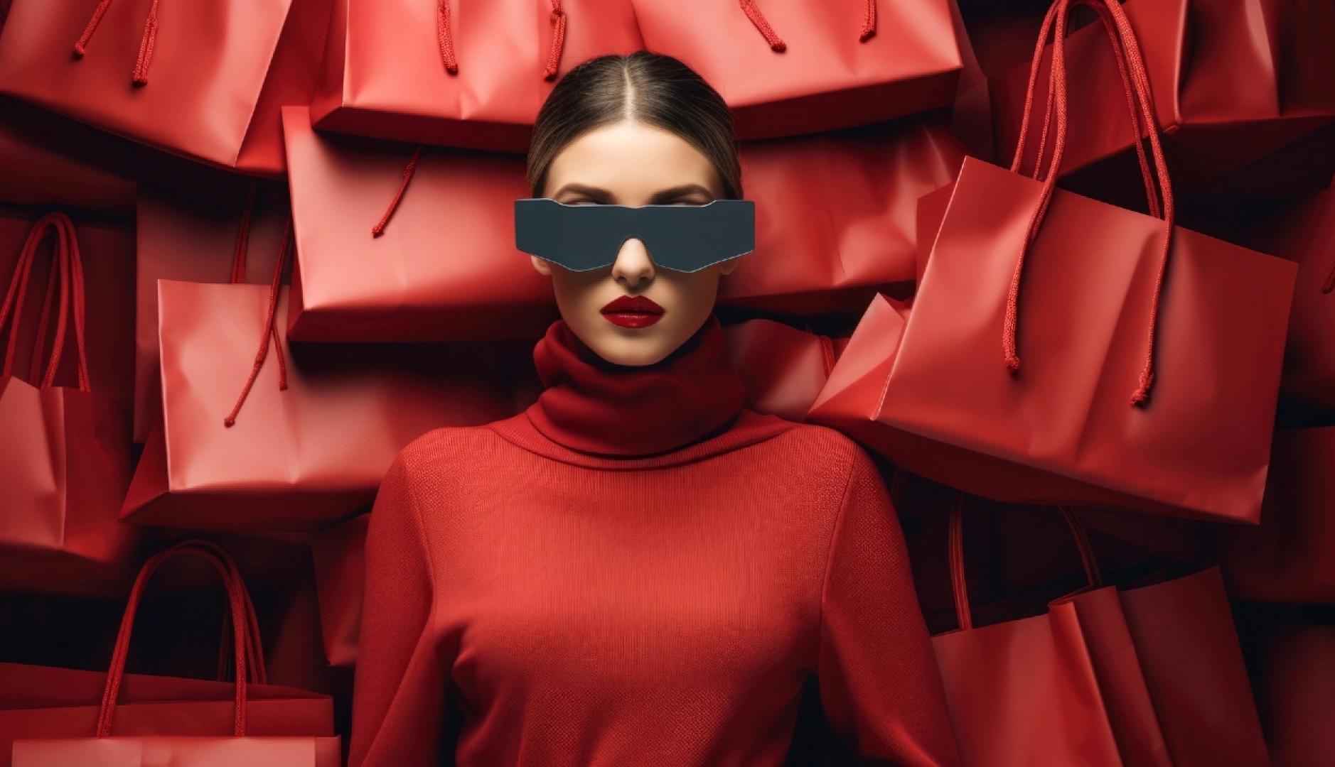 Una mujer con gafas futurísticas vestida de rojo y rodeada de bolsas de compras también rojas
