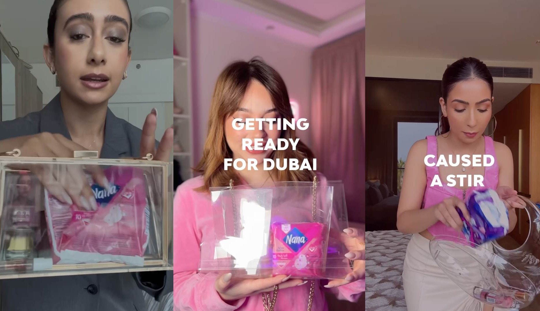 Influencers mostrando compresas en bolsos transparentes
