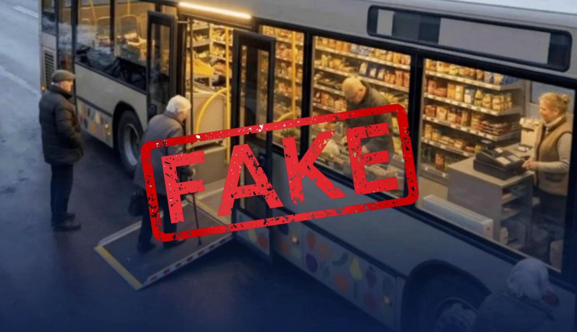 Personas mayores subiendo a un autobús tienda, imagen generada por inteligencia artificial que lleva superpuesto un icono de fake
